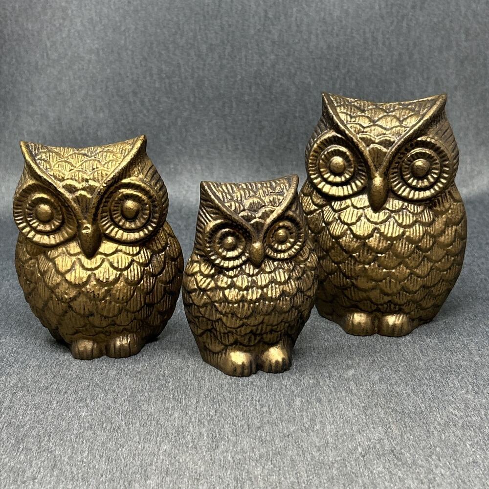 Old Cast Metal Owl Family 3pc Lot Gold Tone Desktop or Wall Decor 4-5” Tall